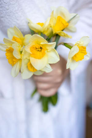 woman in white holds yellow flowers daffodils in her handsの写真素材