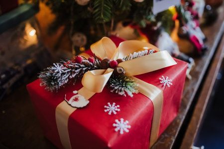 beautifully wrapped red gift box under the christmas tree, top viewの写真素材
