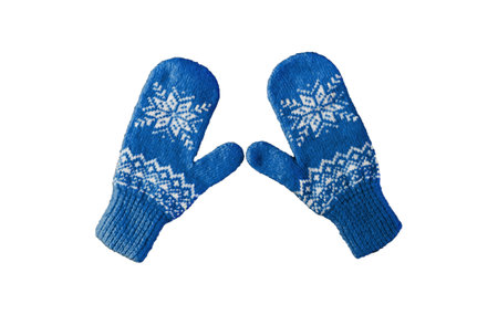 pair of blue knitted mittens with christmas pattern isolated on white background. Collage of different mittens.の写真素材