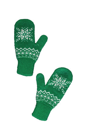 pair of green knitted mittens with christmas pattern isolated on white background. Collage of different mittens.の写真素材
