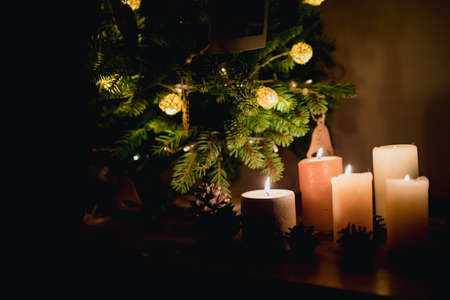 many lighted candles near the Christmas tree. Photo in dark colors. Copy space.の写真素材