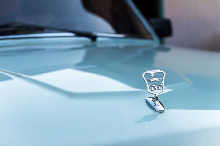 deer sign on the hood of a gray Volga-21 car, close-upの写真素材