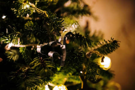 a toy in the form of a cat hanging on a Christmas tree with burning lightsの写真素材