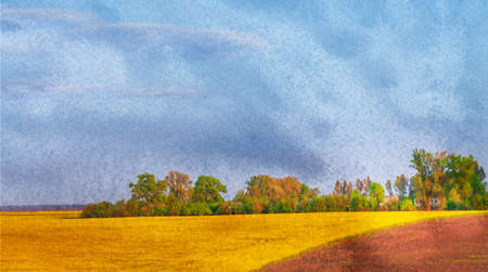 summer landscape cloudy sky over a yellow field with wheat in Ukraine, processing in the style of an oil paintingの写真素材