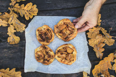 holds in hand a rustic traditional french biscuit cake with apples in autumn style, top viewの写真素材