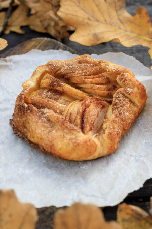 rustic traditional french biscuit cake with apples in autumn styleの写真素材