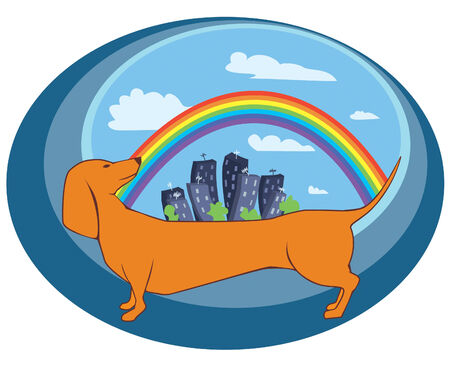 Dog, town and rainbow のイラスト素材