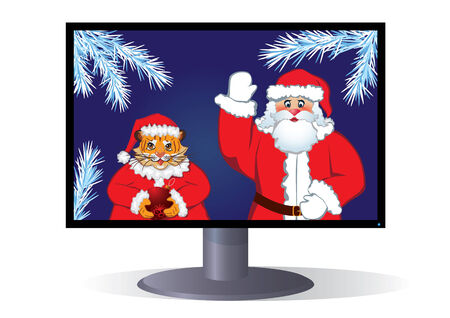 vector illustration of LCD monitor with Santa Claus and tigerのイラスト素材