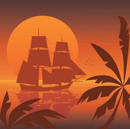 vector illustration of the tall ship of XVIII  century at sunsetのイラスト素材