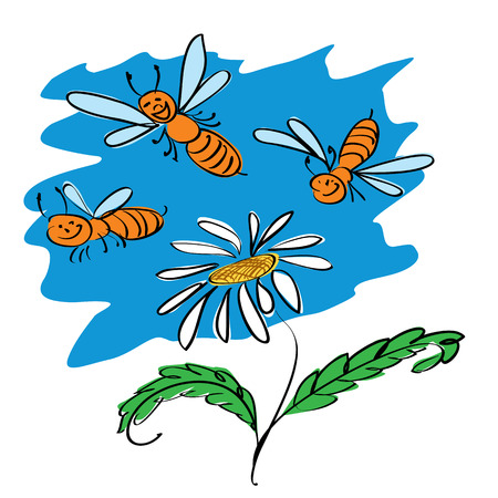 funny bees fly over flowerのイラスト素材