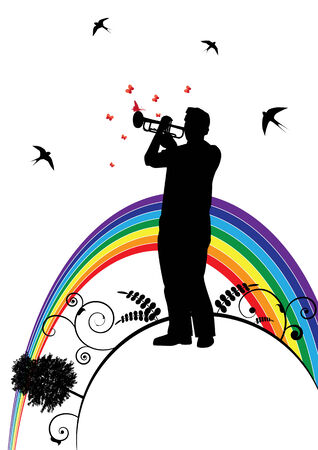 vector banner with trumpeter, swallows and  butterfliesのイラスト素材