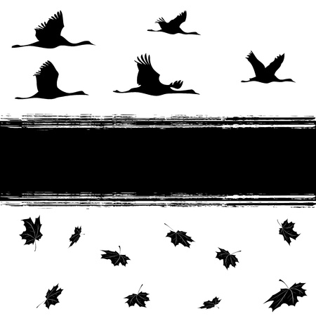 vector background with cranes and maples leaves in black and white colorsのイラスト素材