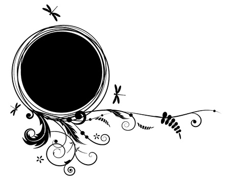 abstract vector floral banner with dragonflies in black and white colorsのイラスト素材