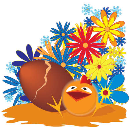 Easter background with egg and funny chicken のイラスト素材