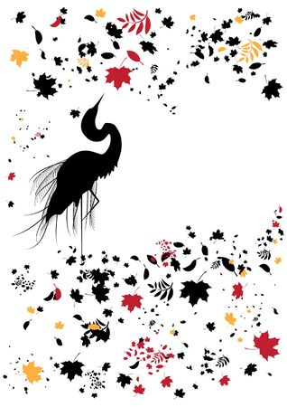 vector background whit heron and autumnal leavesのイラスト素材