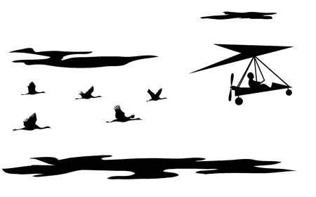  illustration of motorized hang glider and cranesのイラスト素材