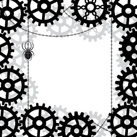 vector background with gears, spider and chains in black and white colorsのイラスト素材
