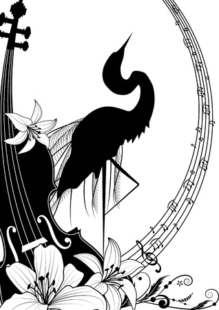 illustration with violin and heron in black and white colorsのイラスト素材
