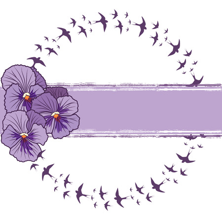 banner with pansies and swallowsのイラスト素材