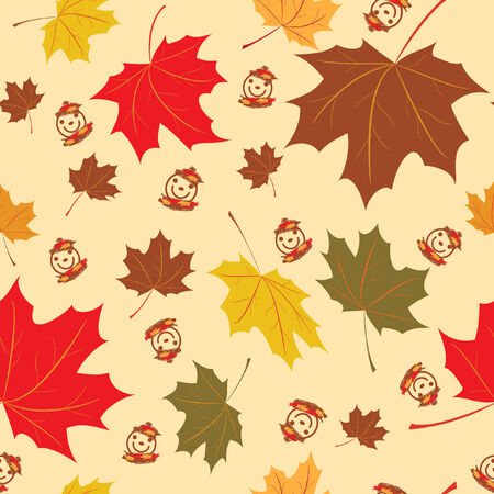 seamless autumnal background with leaves of maple and smiling faces in warm colorsの写真素材