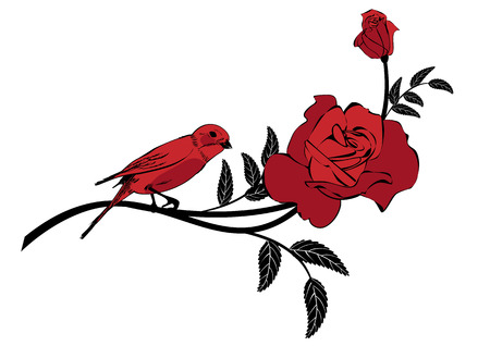 vector Valentine vignette with rose and birdのイラスト素材
