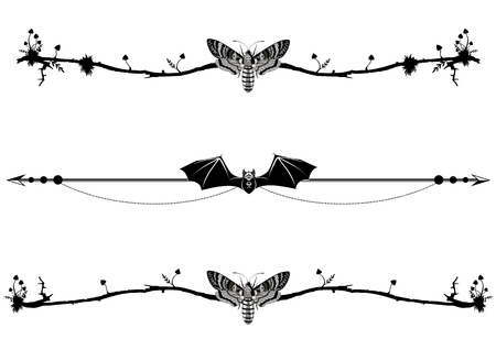 set of vignettes with bat, butterfly death head and mushroomsのイラスト素材