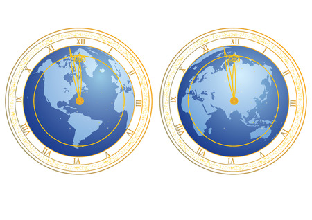 set of vector illustrations of clock with clock-face as globeのイラスト素材