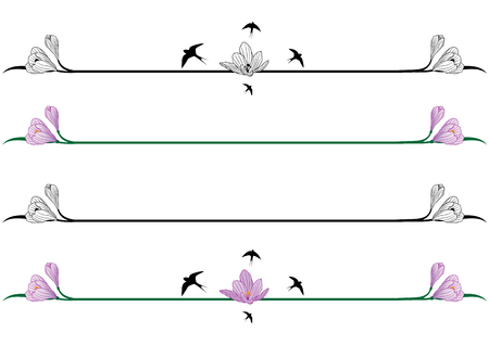 Set of vector spring borders with flowers of crocus and swallows.のイラスト素材