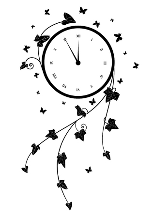vector illustration with clock, ivy and butterflies in black and whiteのイラスト素材
