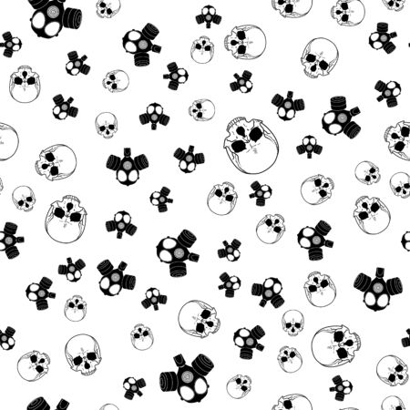vector seamless horror background with skulls and gas masks in black and white colors on white backdropのイラスト素材
