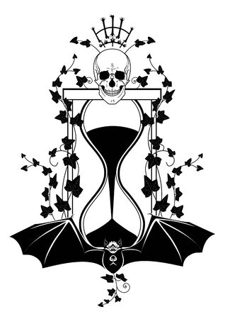 vector illustration with skull, ivy and sandglass in black and white colorsのイラスト素材
