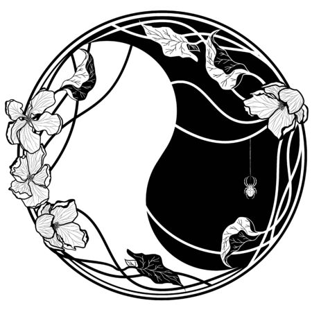 Vector illustration with yin yang symbol, apple flowers and spiderのイラスト素材