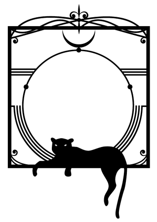 vector frame with stylized panther and moon in black and white colorsのイラスト素材