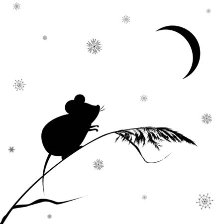vector illustration with mouse, reed, moon and snowflakes in black and white colorsのイラスト素材