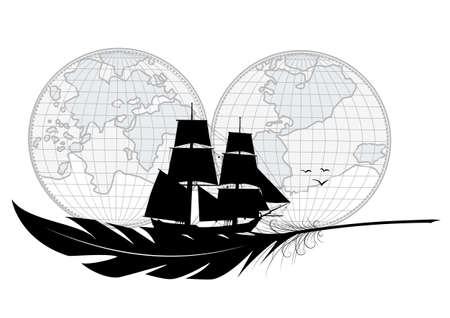 Vector illustration with tall ship, feather and map. Sea travel and maritime adventures.のイラスト素材