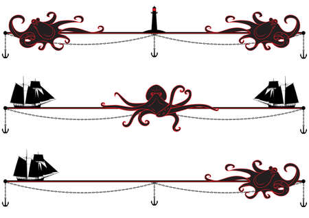 set of sea vector dividers with octopus, tall hips and lighthouse in black, red and white colorsのイラスト素材