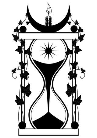 vector illustration with candle, moon, sun, ivy and sandglass in black and white colorsのイラスト素材
