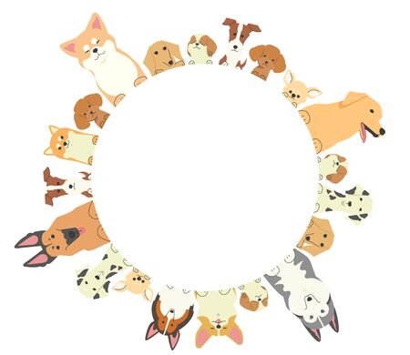 Illustration of a frame in which various types of dogs with their front paws are in a circleのイラスト素材