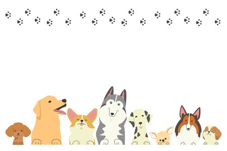Frames of different types of dogs with their front paws and their footprintsのイラスト素材