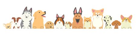 Illustration with various kinds of dogs with their front paws side by sideのイラスト素材