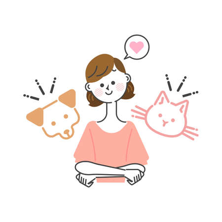 A woman who is having fun worrying about whether to have a dog or a catのイラスト素材