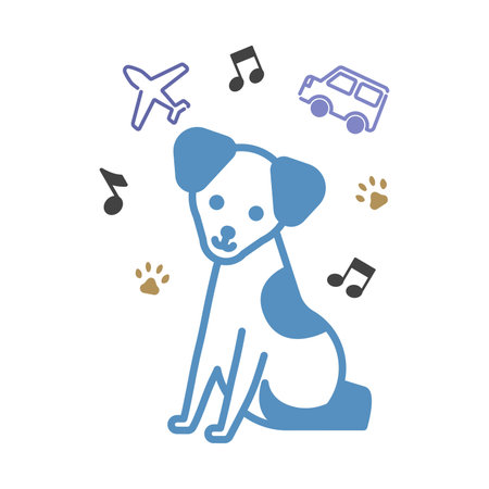 Image of a traveling dog surrounded by planes and carsのイラスト素材