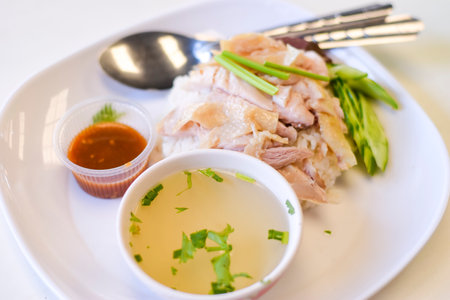 Close-up chicken rice on a white table, Thai foodの写真素材