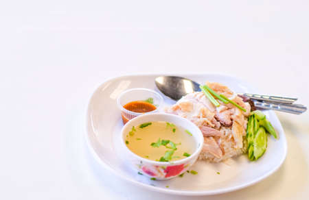 Close-up chicken rice on a white table, Thai foodの写真素材