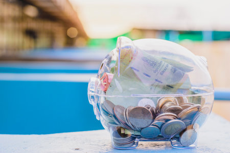 Money bank notes and coin with piggy bank, Financial piggy bank conceptの写真素材