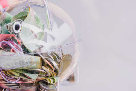 Money bank notes and coin with piggy bank, Financial piggy bank conceptの写真素材