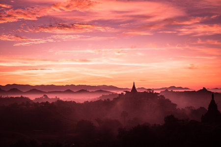 Sky Myanmar, morning sunrise at mountain, landscape, temple bagan in Mandalayの写真素材