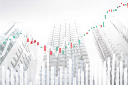 Stock market candle stick graph in modern building city sky, white color background, concept for...