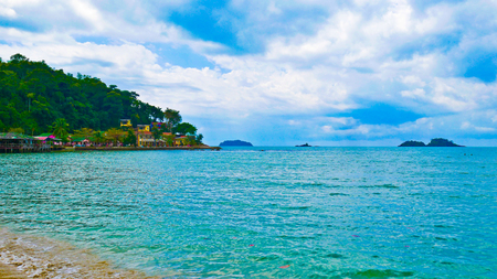 Blue sky and mountain on the sea so beautiful for people to have vacation or summer.の写真素材