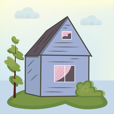 Wooden house on the shore of a lake or river. Small village house on the island. Summer.Scandinavian style. Vector isolated flat illustration of landscape background. cartoon style, landscape viewのイラスト素材